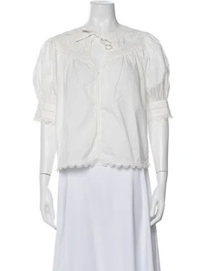 Pre-owned Ulla Johnson Tie Neck Short Sleeve Blouse In White