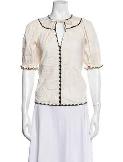 Pre-owned Ulla Johnson Tie Neck Short Sleeve Blouse In White