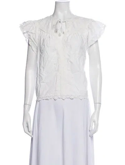 Pre-owned Ulla Johnson Tie Neck Short Sleeve Blouse In White