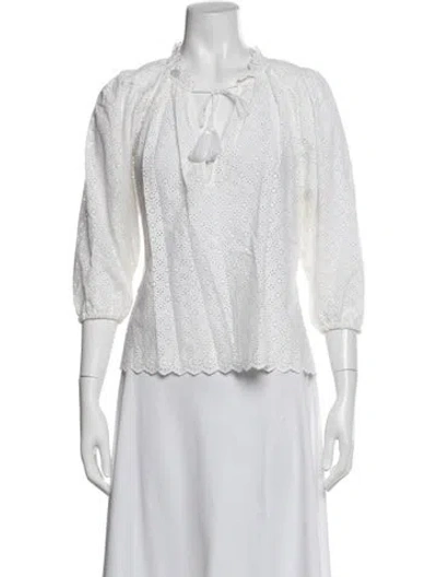Pre-owned Ulla Johnson Tie Neck Three-quarter Sleeve Blouse In Blue/white
