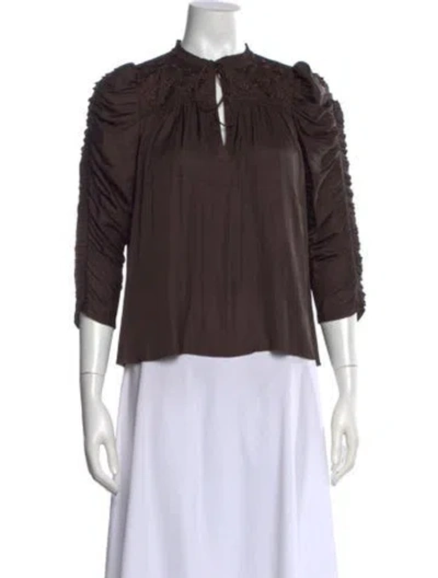 Pre-owned Ulla Johnson Tie Neck Three-quarter Sleeve Blouse In Brown