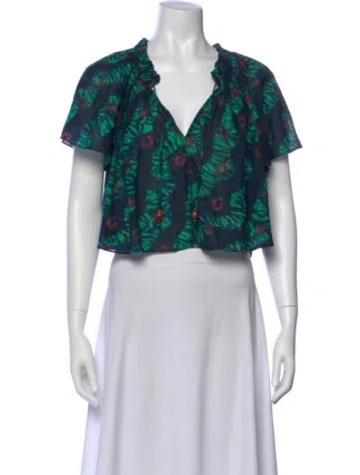 Pre-owned Ulla Johnson Tie-dye Print V-neck Blouse In Blue