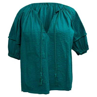 Pre-owned Ulla Johnson Tie-front Puffed-sleeve Blouse In Teal Cotton In Green