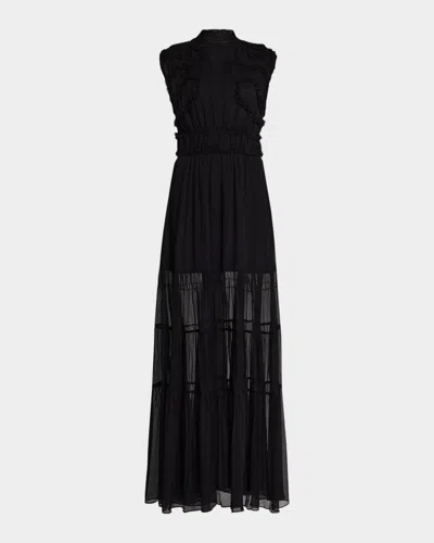 Ulla Johnson Verona Smocked Silk Turtleneck Gown In Black