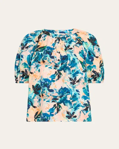 Ulla Johnson Vienne Floral Puff-sleeve Blouse In Delphinium