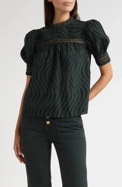 Ulla Johnson Virginia Water Washed Eyelet Poplin Lace Collar Blouse In Cypress In Green