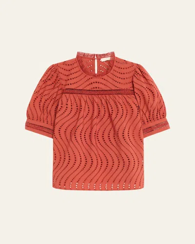 Ulla Johnson Virginia Lace Eyelet Short-sleeve Blouse In Burgundy