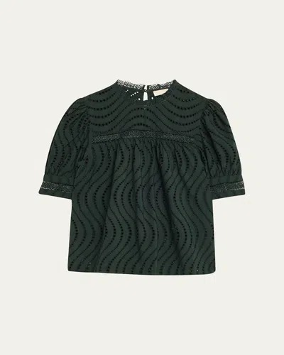Ulla Johnson Virginia Lace Eyelet Short-sleeve Blouse In Green