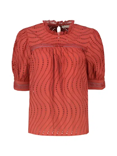 Ulla Johnson Virginia Water Washed Eyelet Poplin Lace Collar Blouse In Claret In Brown