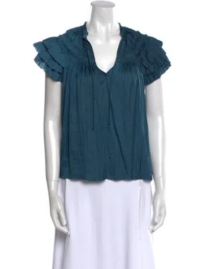 Pre-owned Ulla Johnson V-neck Short Sleeve Blouse In Blue