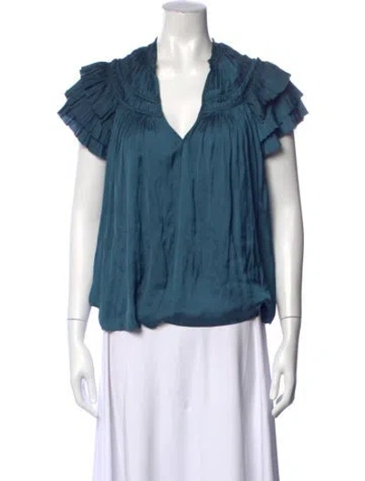 Pre-owned Ulla Johnson V-neck Short Sleeve Blouse In Blue