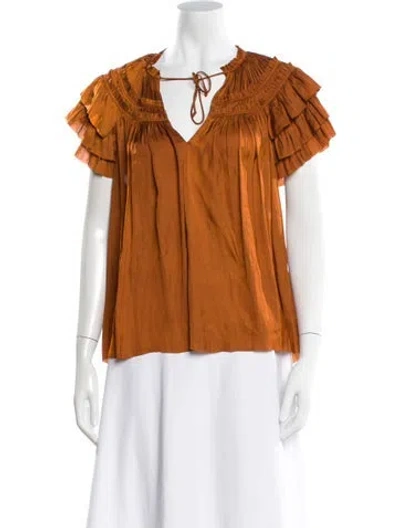 Pre-owned Ulla Johnson V-neck Short Sleeve Blouse In Brown