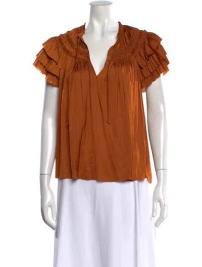 Pre-owned Ulla Johnson V-neck Short Sleeve Blouse In Orange
