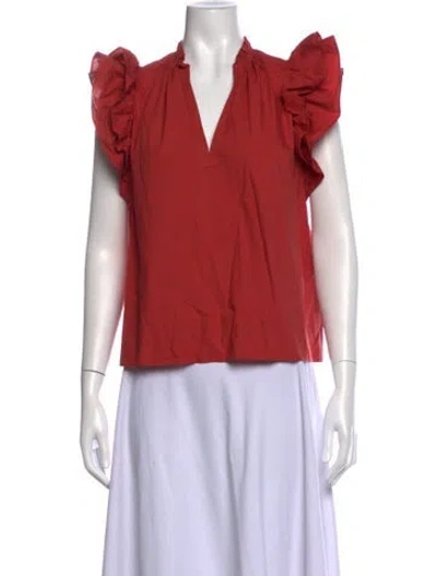 Pre-owned Ulla Johnson V-neck Short Sleeve Blouse In Red