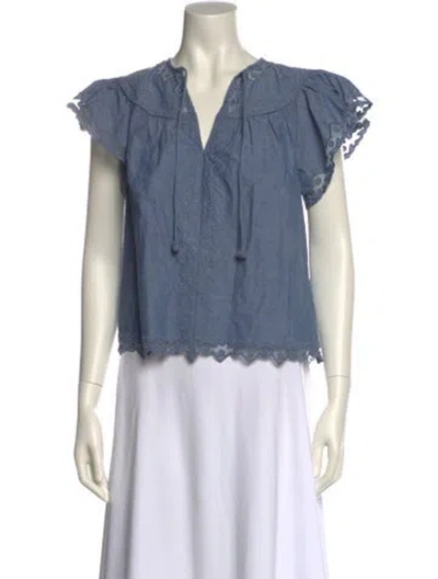 Pre-owned Ulla Johnson V-neck Short Sleeve Blouse W/ Tags In Blue