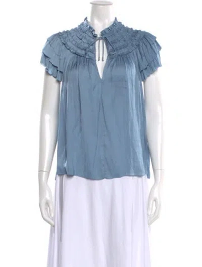 Pre-owned Ulla Johnson V-neck Short Sleeve Blouse W/ Tags In Blue