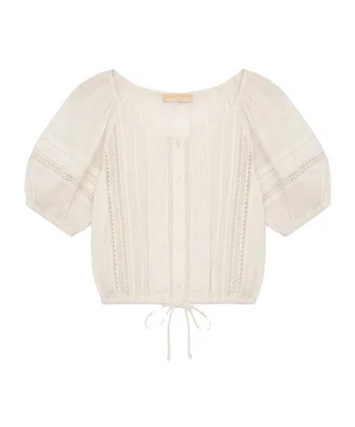 Ulla Johnson White Cropped Drawstring Voile Blouse In Multi