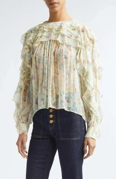 ULLA JOHNSON ULLA JOHNSON WILLOW FLORAL RUFFLE TRIM SILK TOP