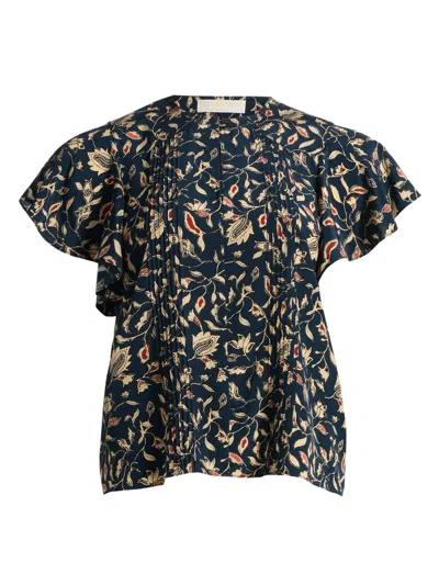 Ulla Johnson Women's Adoni Floral Silk Pintuck Top In Blue