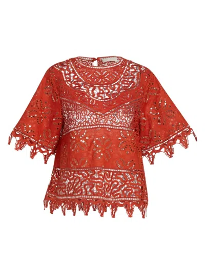 Ulla Johnson Women's Aria Patchwork Linen & Eyelet Lace Blouse In Red