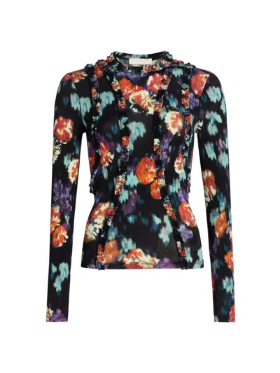 Ulla Johnson Clover Floral Frill Detail Jersey Top In Blue
