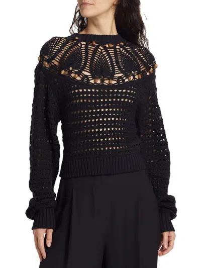 Ulla Johnson Women's Ezra Beaded Crochet Sweater In Noir