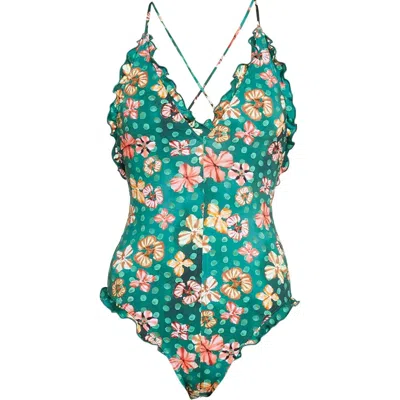 Ulla Johnson Women's Giordana Maillot Green Floral One Piece Swimsuit With Ruffl In Blue