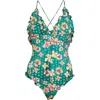 Ulla Johnson Women's Giordana Maillot Green Floral One Piece Swimsuit With Ruffl In Multi