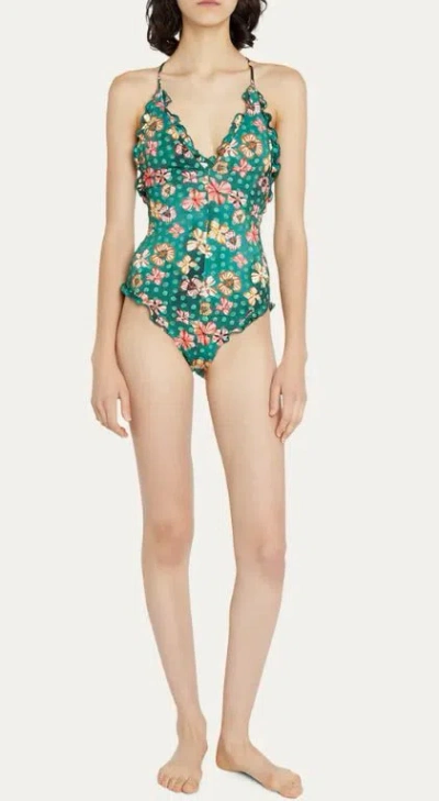 Ulla Johnson Women's Giordana Maillot Green Floral One Piece Swimsuit With Ruffle