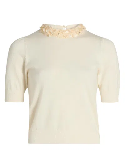 Ulla Johnson Women's Jude Embellished-trim Merino Wool Short-sleeve Top In White