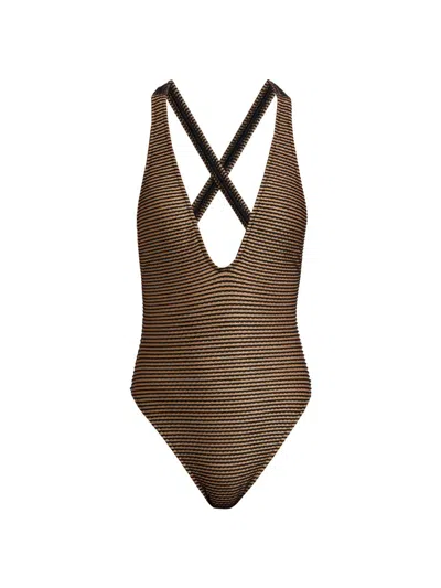 Ulla Johnson Kaia Plunge Neck One-piece Swimsuit In Brown