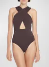 Ulla Johnson Kieran Crossover High-neck One-piece Swimsuit In Blue