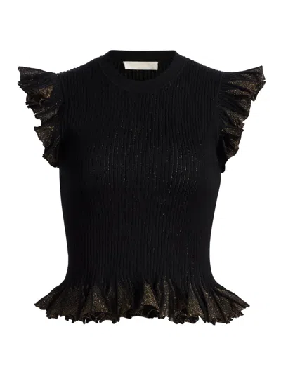 Ulla Johnson Women's Leila Metallic Rib-knit Ruffle Top In Black