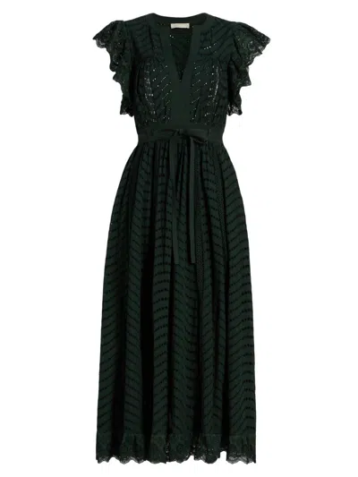 Ulla Johnson Women's Olga Embroidered Cotton Flutter-sleeve Midi-dress In Green