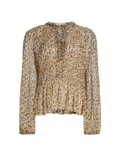 Ulla Johnson Women's Robbie Feather-print Silk Tie-front Blouse In White