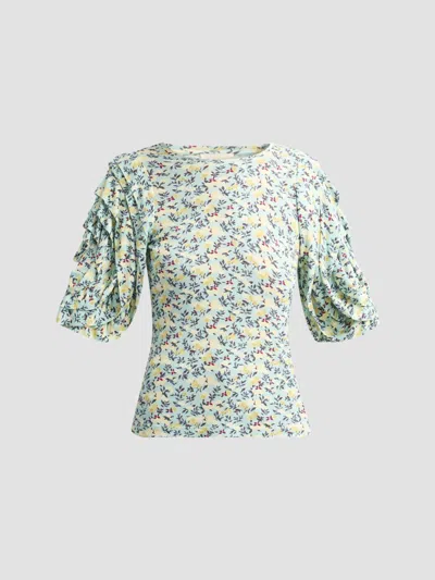 Ulla Johnson Women's Rubi Floral Jersey Flutter-sleeve Blouse In Blue