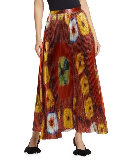 Ulla Johnson Rami Shiny Pleated Floral Satin Midi Skirt In Medallion