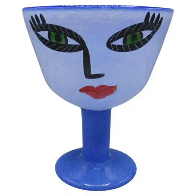 Pre-owned Ulrica Hydman-vallien "open Minds" Kosta Boda Art Glass Large Face Bowl Vase In Blue