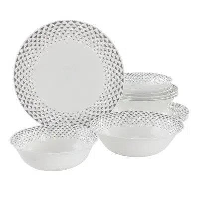 Ultra By Gibson Cane Peak 12 Piece Opal Glass Dinnerware Set In White With Grey Accents