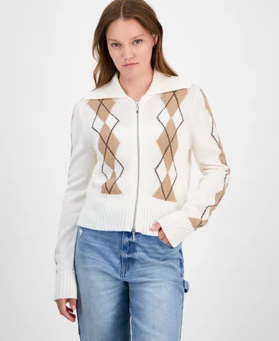 Ultra Flirt Juniors' Argyle Zip-front Cardigan Sweater In White