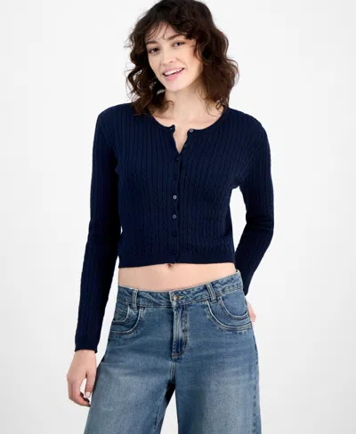 Ultra Flirt Juniors' Baby-cable-knit Cropped Cardigan In Navy Blazer