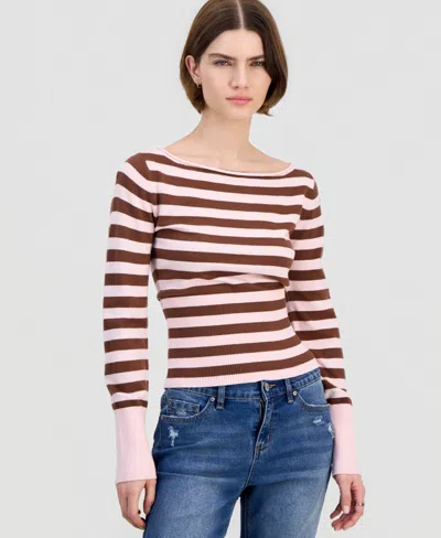 Ultra Flirt Juniors' Boat-neck High Rib Start Striped Sweater In Brown
