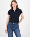 Ultra Flirt Juniors' Button-front Collared Short-sleeve Top In Blue