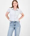 Ultra Flirt Juniors' Button-front Collared Short-sleeve Top In Gray