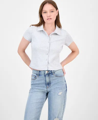 Ultra Flirt Juniors' Button-front Collared Short-sleeve Top In Gray