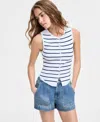 Ultra Flirt Juniors' Button Front Ribbed Sweater Tank In White,navy Stripe