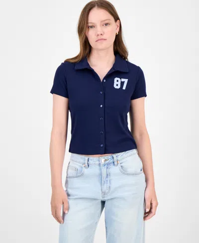 Ultra Flirt Juniors' Button-front Short-sleeve Polo In Blue