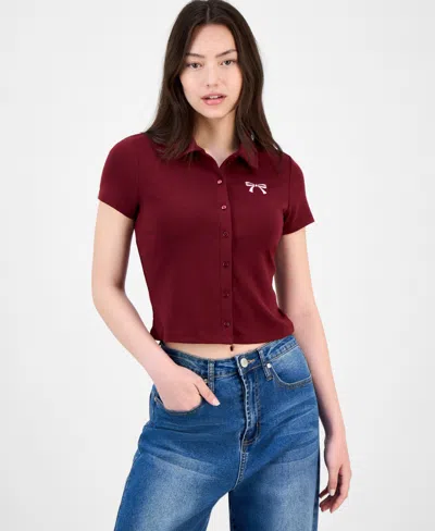 Ultra Flirt Juniors' Button-front Short-sleeve Polo In Burgundy