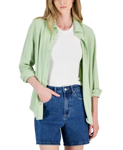 Ultra Flirt Juniors' Button-up Long-sleeve Boyfriend Shirt In Fresh Sage