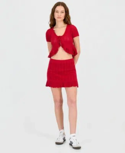 Ultra Flirt Juniors Crochet Ruffled Trim Cardigan Mini Skirt In Burgundy